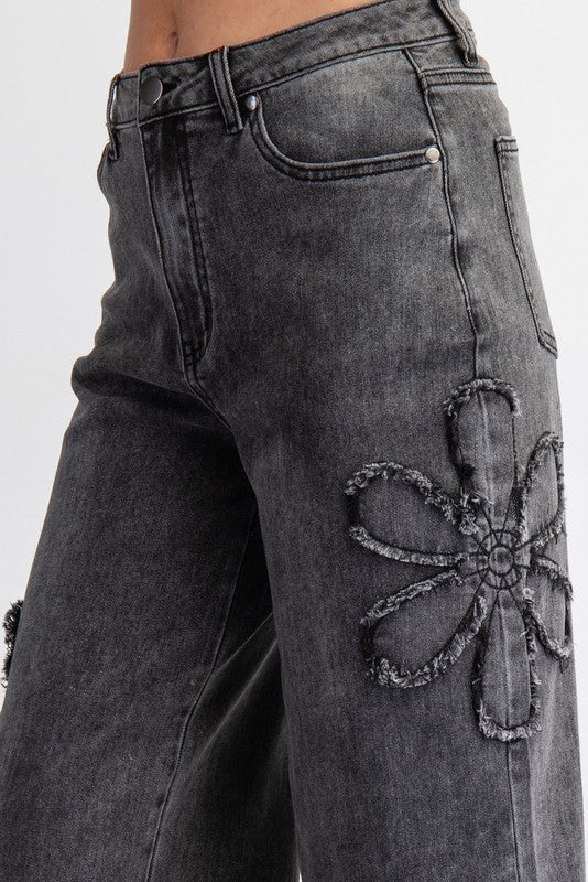 Flower Patch Washed Denim Jean - Black