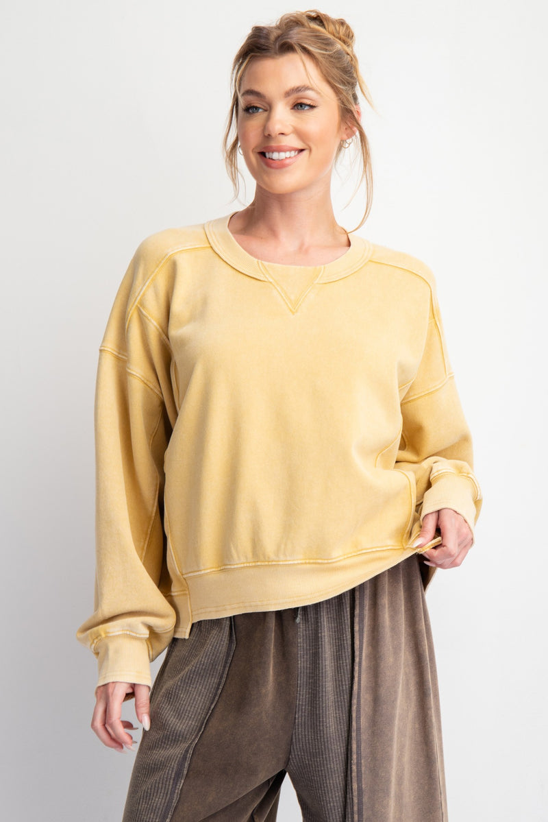 Mineral Washed Terry Knit Top - Mustard