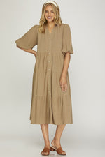 Button Down Tiered Midi Dress - Taupe