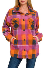 Fleece Plaid Shacket - Magenta/Orange