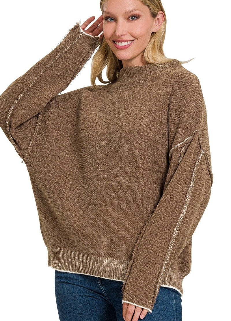 Mock Neck Exposed Seam Sweater - Mocha