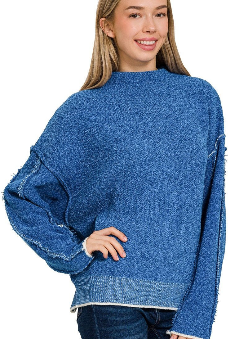 Mock Neck Exposed Seam Sweater - Royal Blue