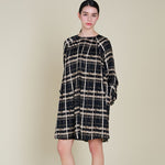 Pleated Grid Pattern Dress - Black/Beige