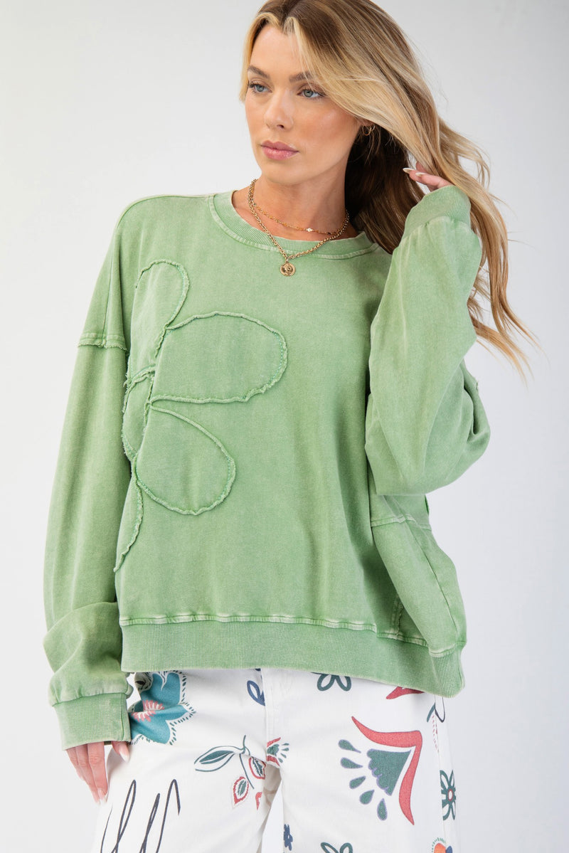 Flower Patch Washed Terry Top - Juniper Green