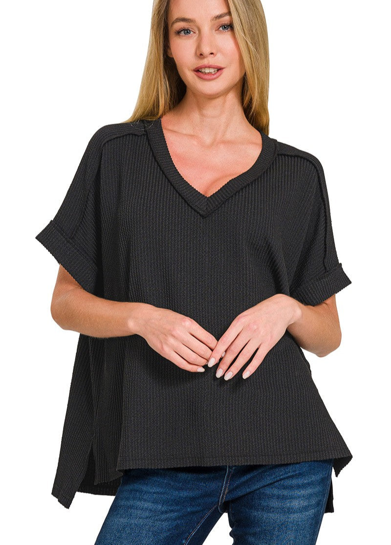 Ribbed Knit V-Neck Short Sleeve Top - Black
