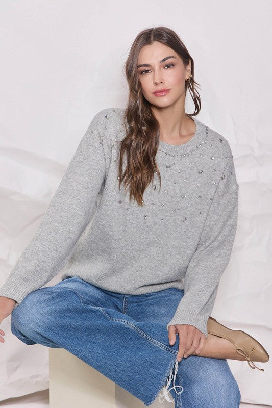 Rhinestone Embellished Sweater - Grey