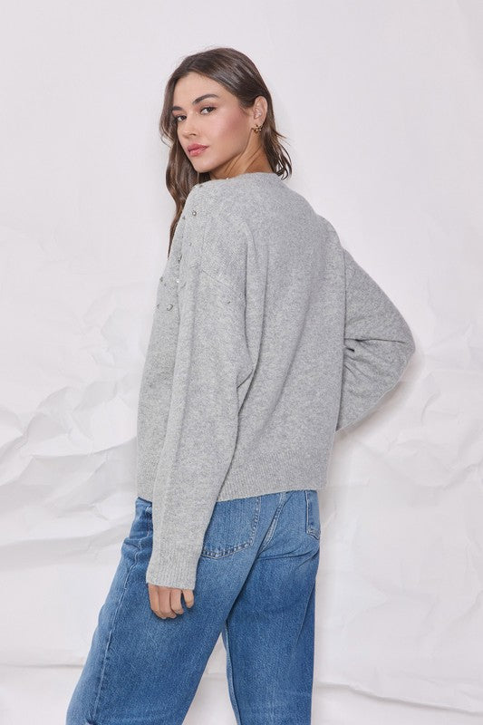 Rhinestone Embellished Sweater - Grey