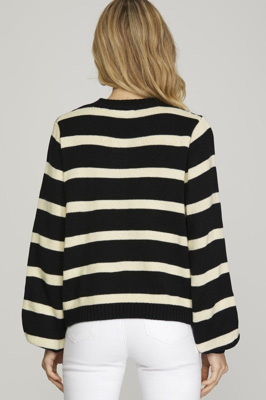 Contrast Stripe Gold Button Cardigan - Black/Ivory