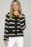 Contrast Stripe Gold Button Cardigan - Black/Ivory