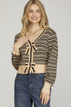 Ribbon Button Striped Cardigan - Black