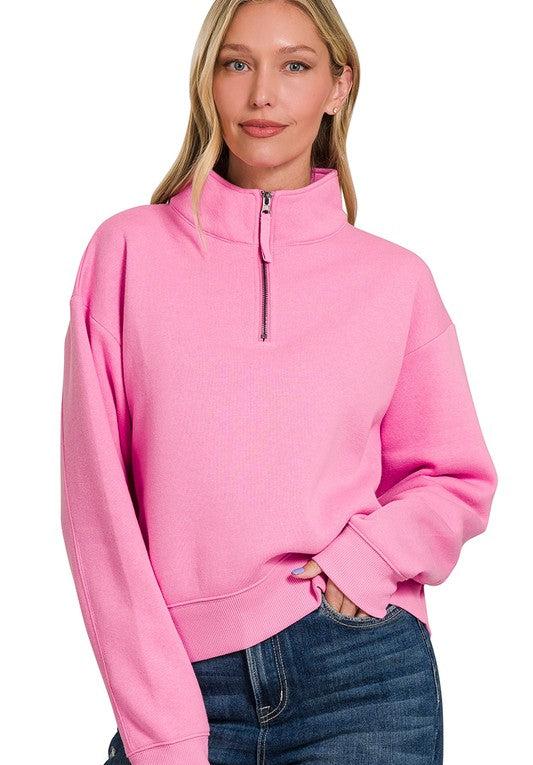 Half Zip Fleece Sweatshirt - Candy Pink