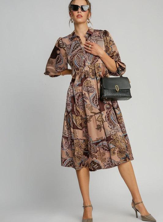 Paisley Print Satin Midi Dress - Brown