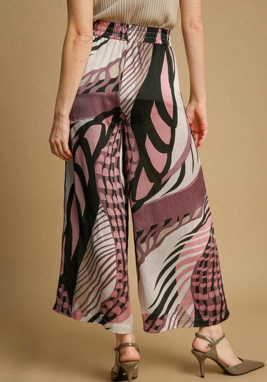 Satin Abstract Print Pants - Mauve