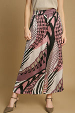 Satin Abstract Print Pants - Mauve