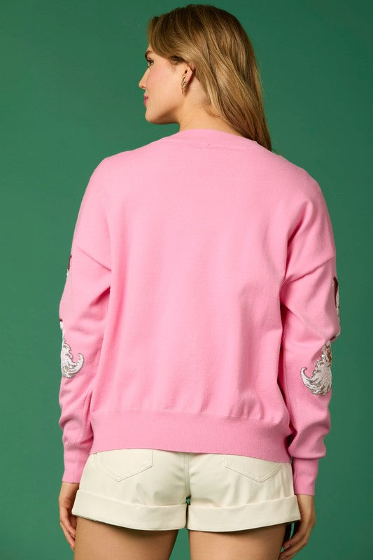 Santa Sequin Button-Down Cardigan - Pink