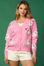 Santa Sequin Button-Down Cardigan - Pink