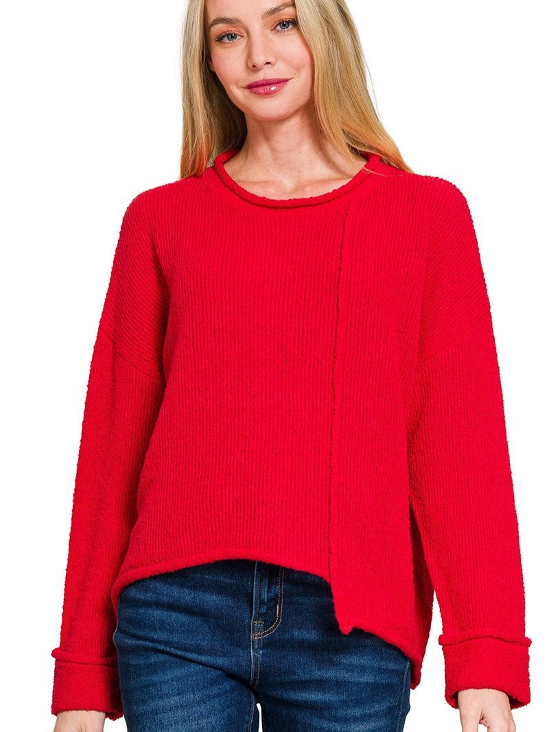 Asymmetrical Hem Sweater - Ruby