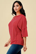 Ribbed Notched V-Neck Top - Red