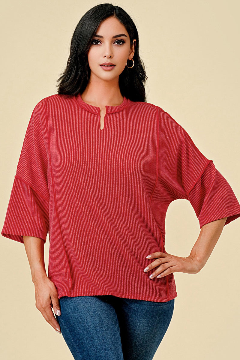 Ribbed Notched V-Neck Top - Red