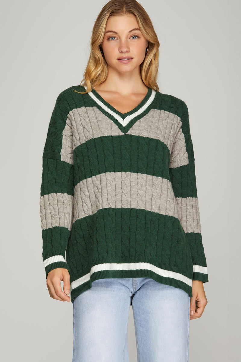 Cable Knit V-Neck Sweater - Green/Grey