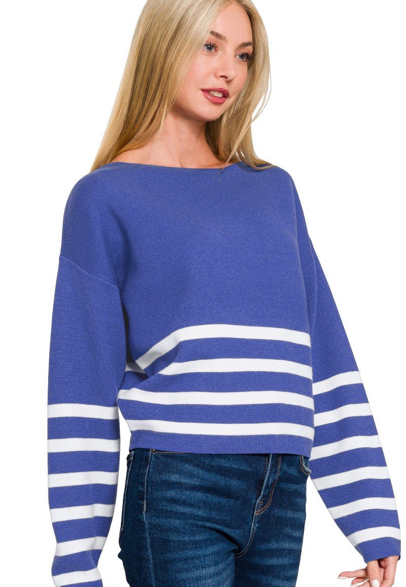 Timeless Stripe Drop Shoulder Sweater - Blue