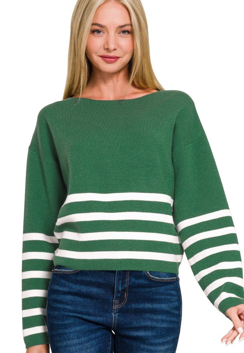 Timeless Stripe Drop Shoulder Sweater - Green