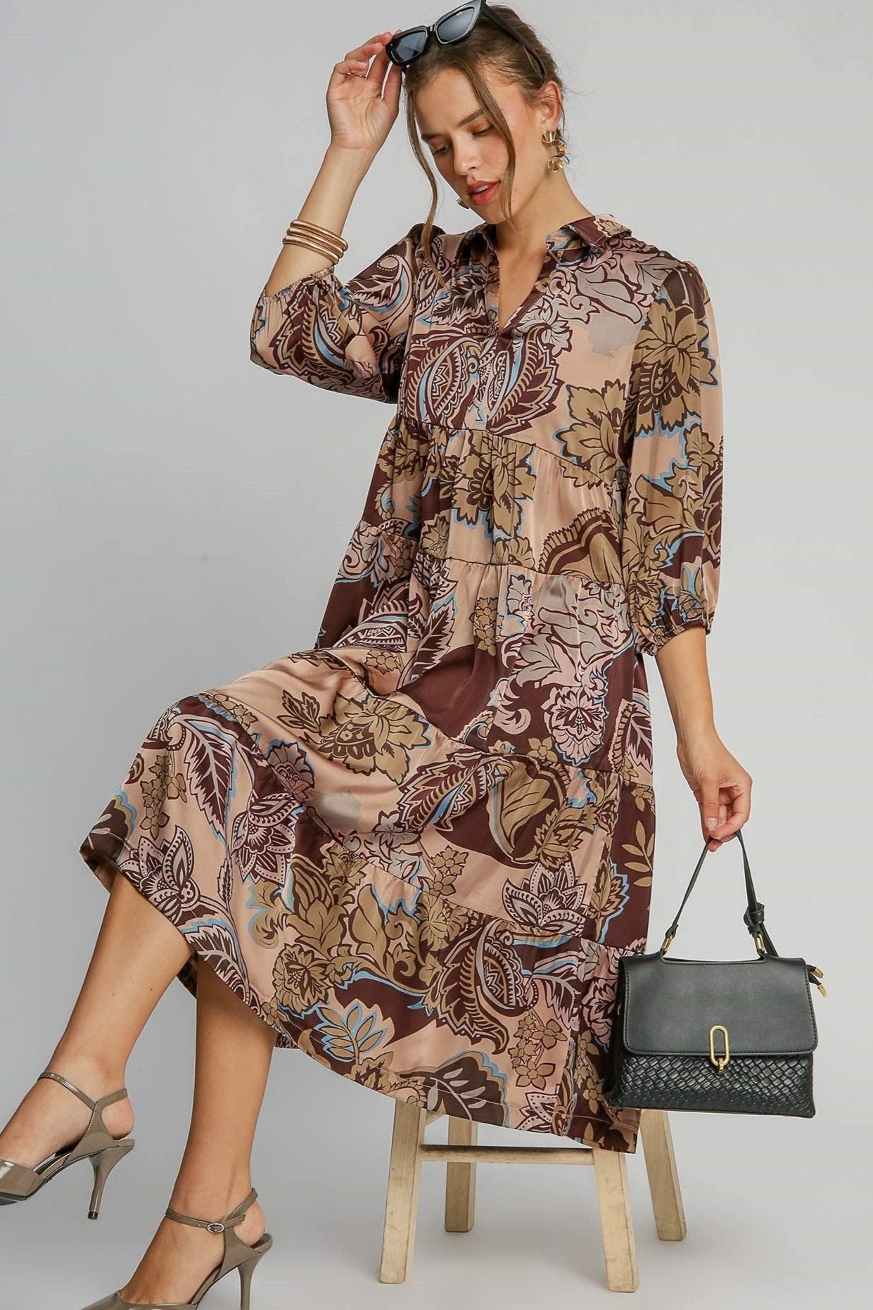 Paisley Print Satin Midi Dress - Brown Paisley Print Satin Midi Dress - Brown