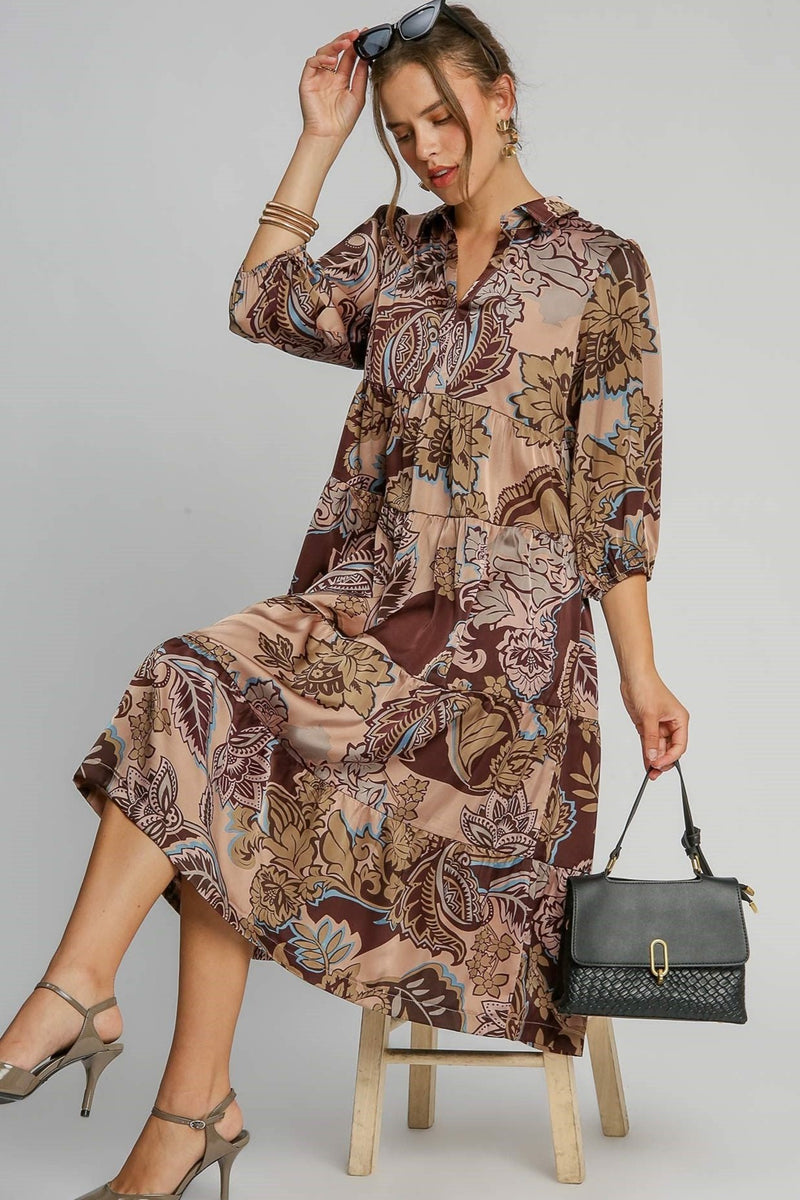 Paisley Print Satin Midi Dress - Brown