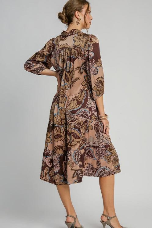 Paisley Print Satin Midi Dress - Brown