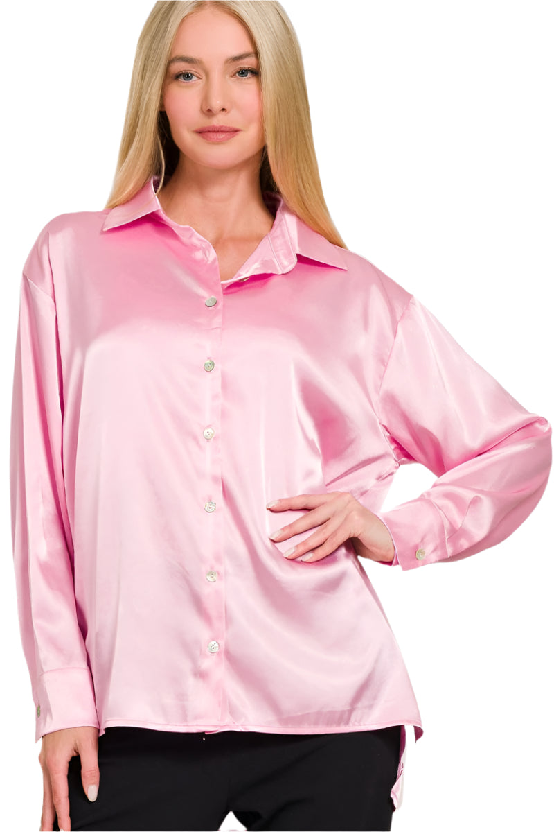 Satin Button Up Top - Pink