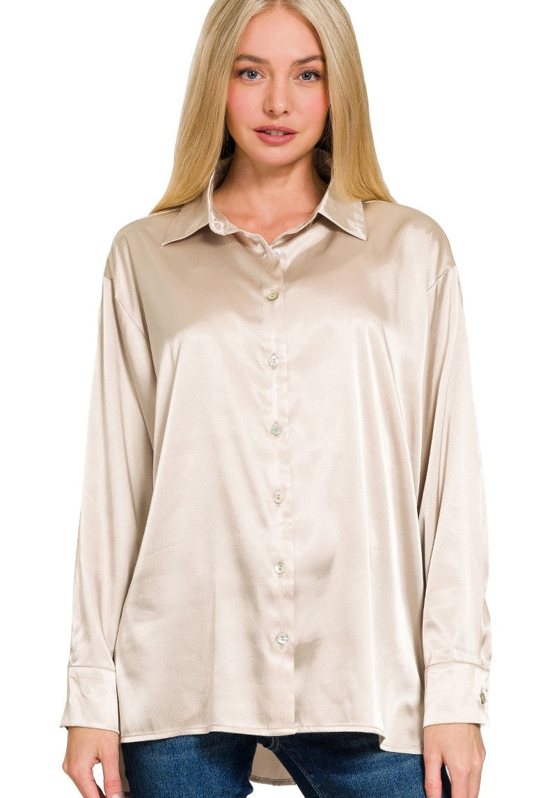 Satin Button Up Top - Sand Beige