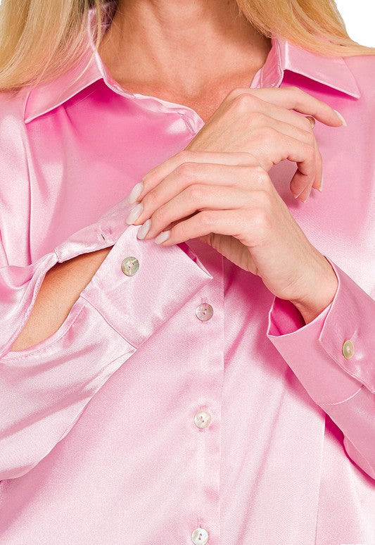 Satin Button Up Top - Pink