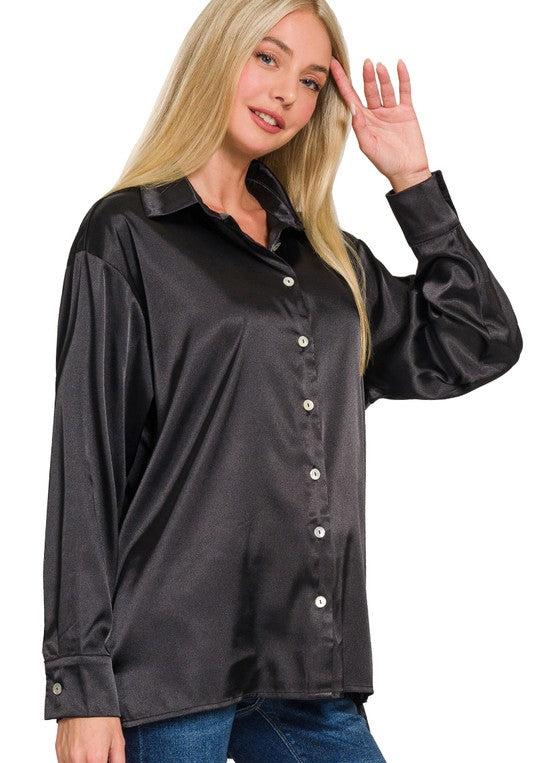 Satin Button Up Top - Black