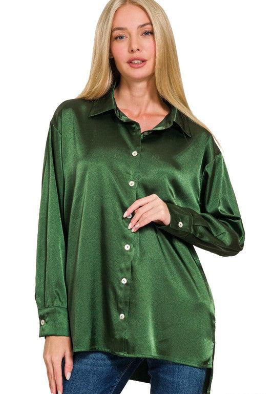 Satin Button Up Top - Dark Green