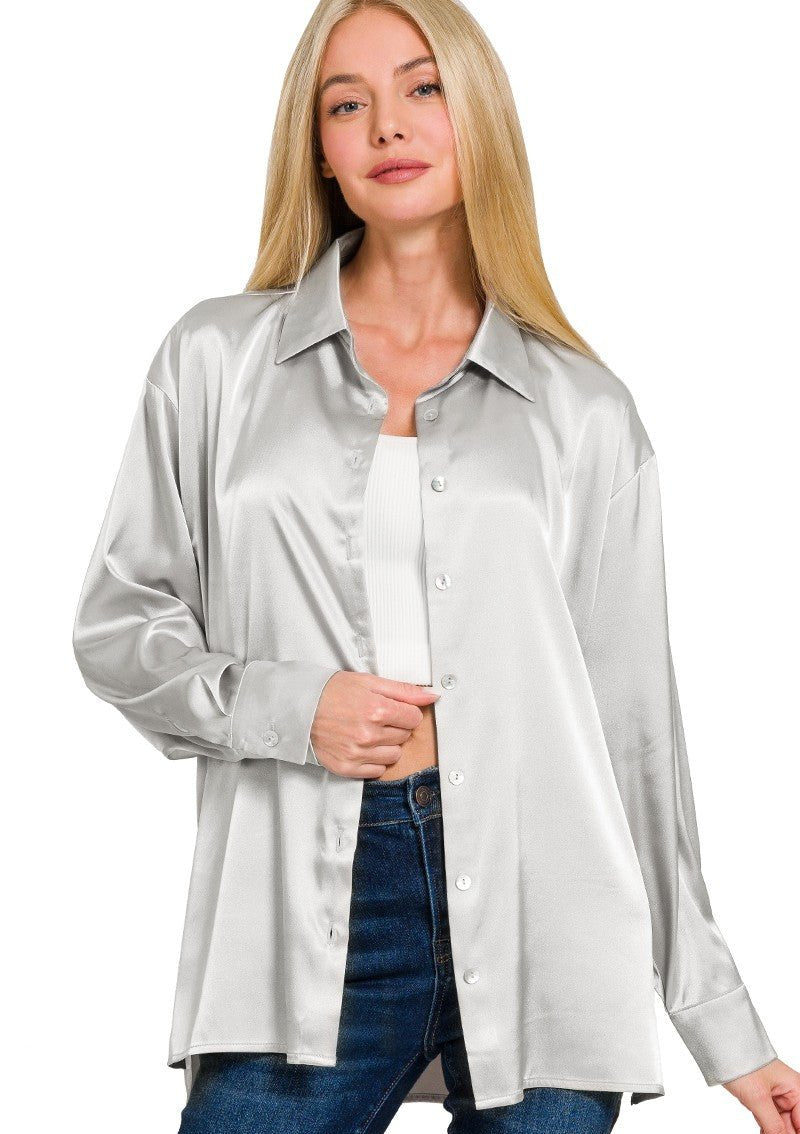 Satin Button Up Top - Silver