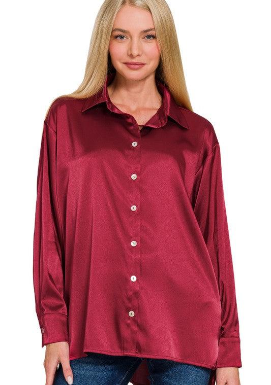 Satin Button Up Top - Burgundy