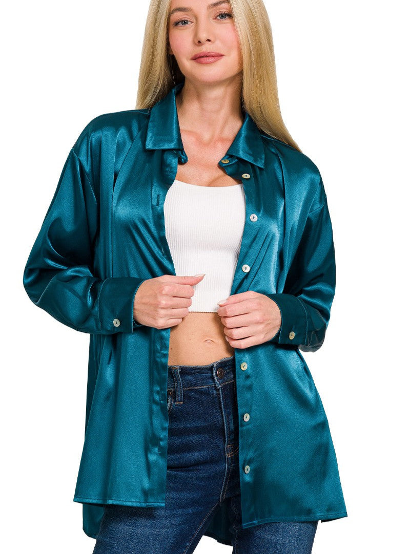 Satin Button Up Top - Teal