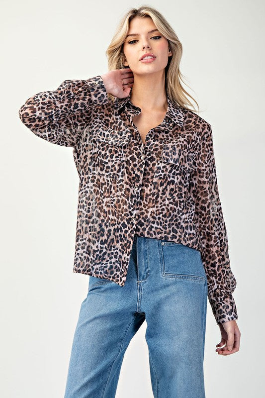 Leopard Print Button-Down Top - Brown