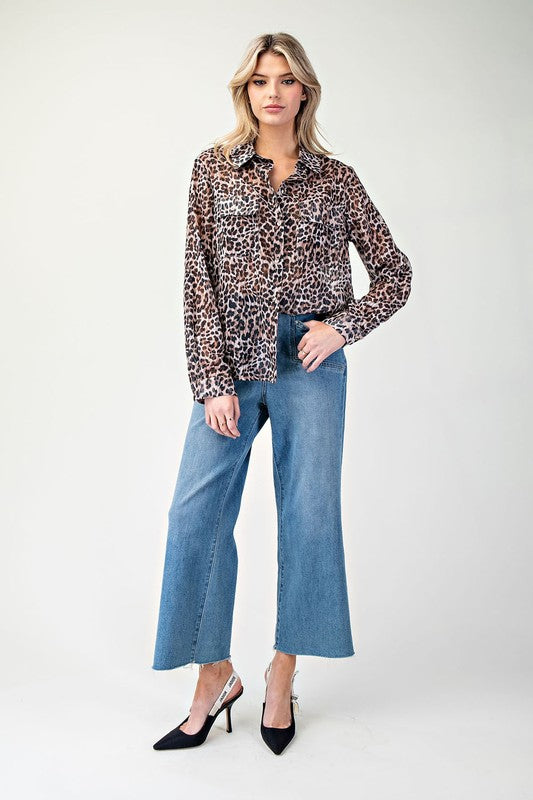 Leopard Print Button-Down Top - Brown