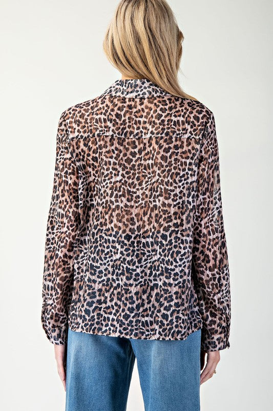 Leopard Print Button-Down Top - Brown