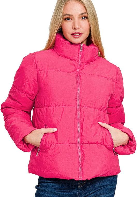 Turtleneck Zip-Up Puffer Jacket - Hot Pink