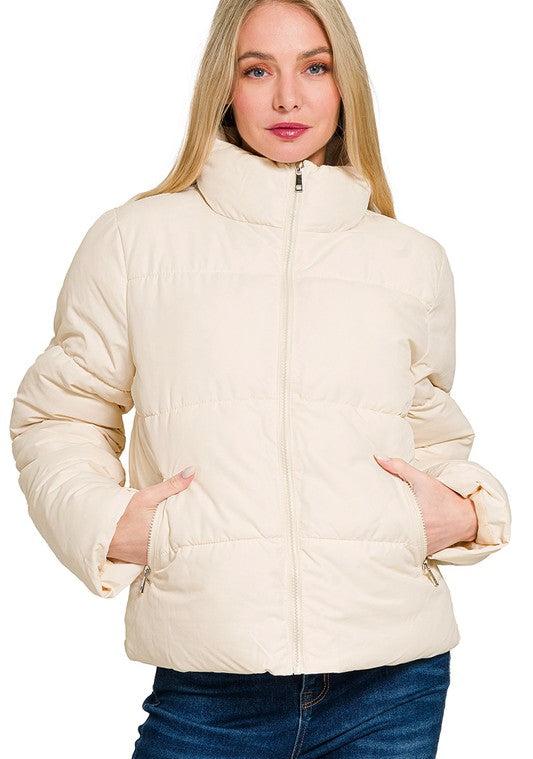 Turtleneck Zip-Up Puffer Jacket - Cream