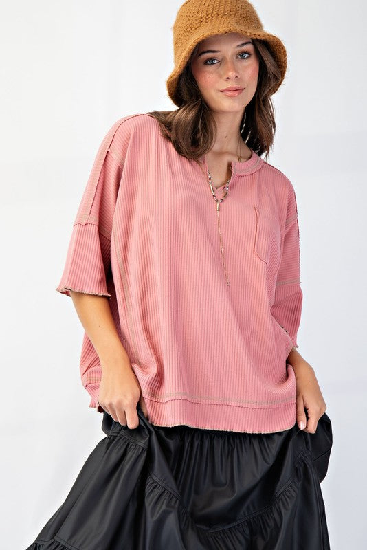 Short Sleeve Rib Knit Top - Mauve Pink