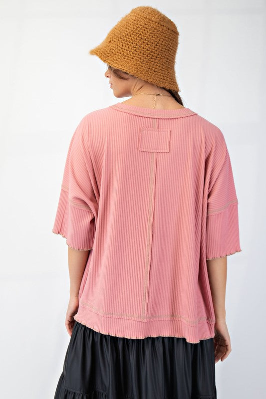 Short Sleeve Rib Knit Top - Mauve Pink