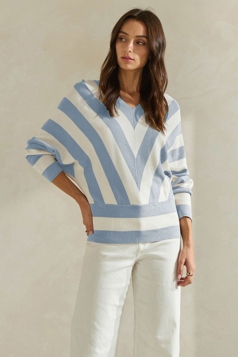 Wide Stripe V-Neck Top - Ivory/Sky