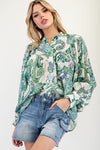 Paisley Printed Bubble Sleeve Top - Spearmint