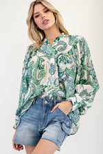 Paisley Printed Bubble Sleeve Top - Spearmint