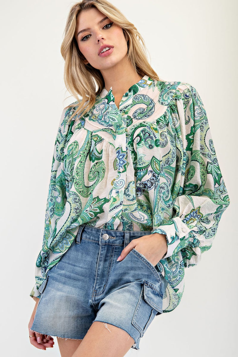 Paisley Printed Bubble Sleeve Top - Spearmint