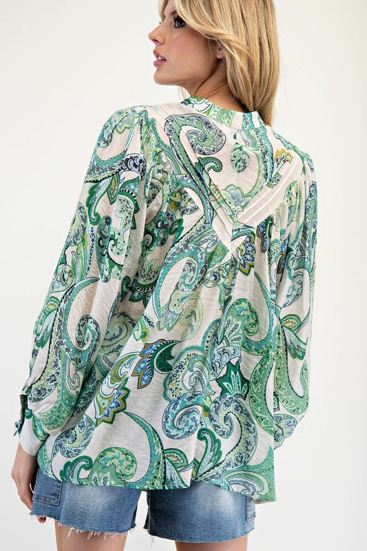 Paisley Printed Bubble Sleeve Top - Spearmint