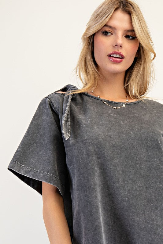 Shoulder Bow Mineral Washed Dress - Ash